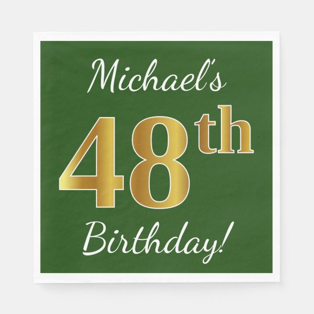 Serviette En Papier Vert, Faux Gold 48e anniversaire + Nom personnalis (Devant)