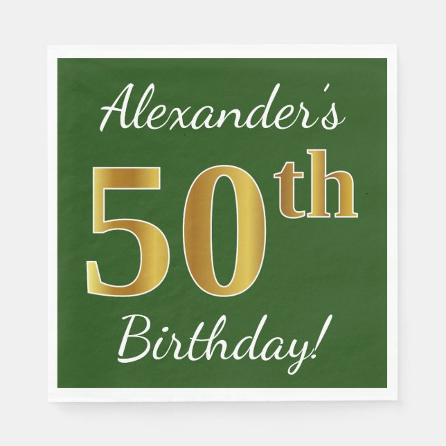 Serviette En Papier Vert, Faux Gold 50e anniversaire + Nom personnalis (Devant)