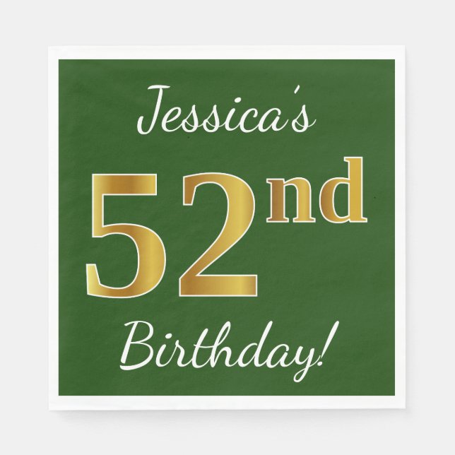Serviette En Papier Vert, Faux Gold 52e anniversaire + Nom personnalis (Devant)