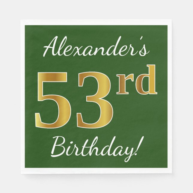 Serviette En Papier Vert, Faux Gold 53ème anniversaire + Nom personnal (Devant)