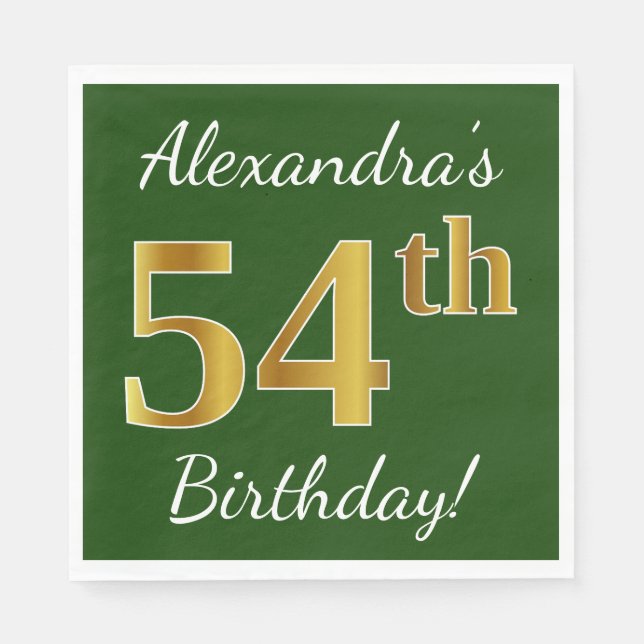 Serviette En Papier Vert, Faux Gold 54e anniversaire + Nom personnalis (Devant)