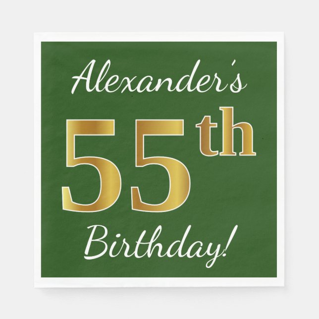 Serviette En Papier Vert, Faux Gold 55e anniversaire + Nom personnalis (Devant)