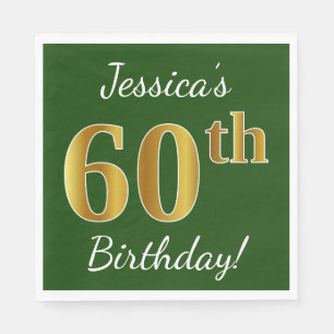 Serviette En Papier Vert, Faux Gold 60e anniversaire + Nom personnalis