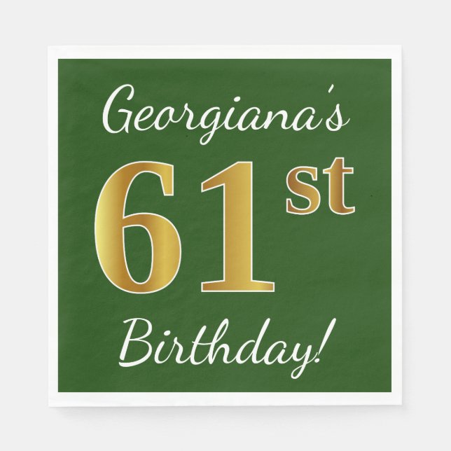 Serviette En Papier Vert, Faux Gold 61e anniversaire + Nom personnalis (Devant)
