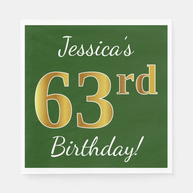 Serviette En Papier Vert, Faux Gold 63e anniversaire + Nom personnalis (Devant)