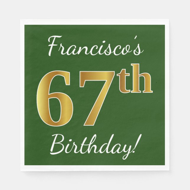 Serviette En Papier Vert, Faux Gold 67e anniversaire + Nom personnalis (Devant)