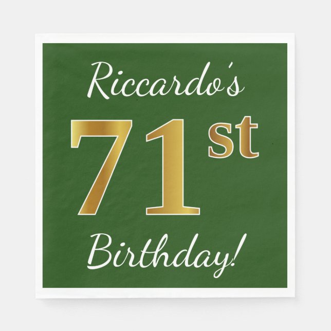 Serviette En Papier Vert, Faux Gold 71e anniversaire + Nom personnalis (Devant)