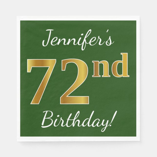 Serviette En Papier Vert, Faux Gold 72e anniversaire + Nom personnalis (Devant)