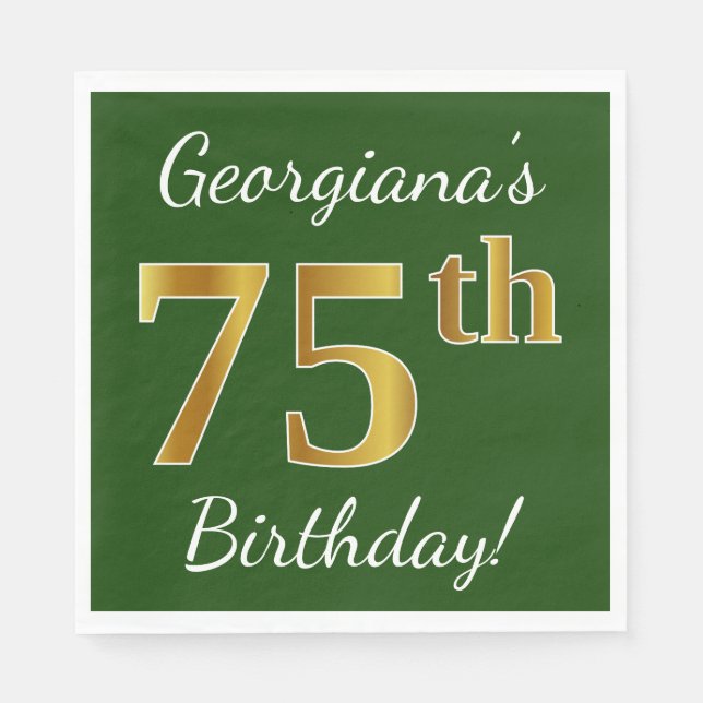 Serviette En Papier Vert, Faux Gold 75e anniversaire + Nom personnalis (Devant)