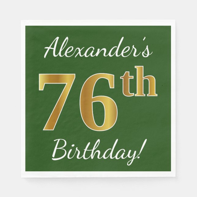 Serviette En Papier Vert, Faux Gold 76e anniversaire + Nom personnalis (Devant)