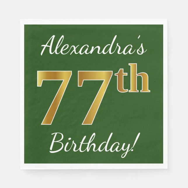 Serviette En Papier Vert, Faux Gold 77e anniversaire + Nom personnalis (Devant)