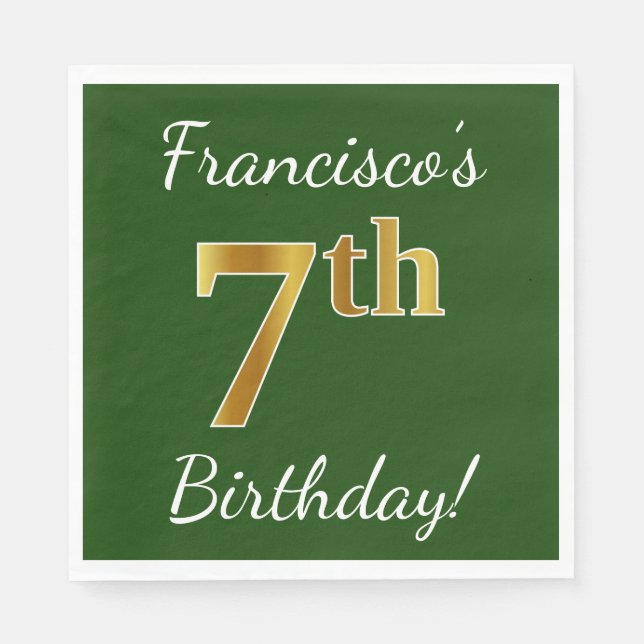 Serviette En Papier Vert, Faux Gold 7e anniversaire + Nom personnalisé (Devant)