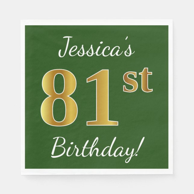 Serviette En Papier Vert, Faux Gold 81e anniversaire + Nom personnalis (Devant)