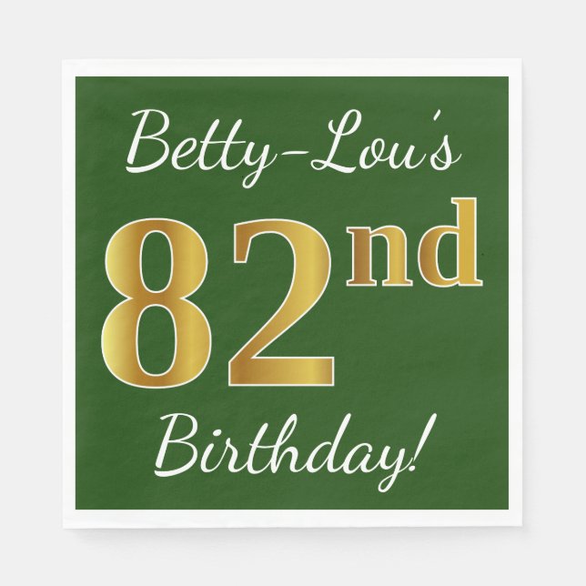 Serviette En Papier Vert, Faux Gold 82e anniversaire + Nom personnalis (Devant)