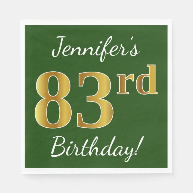 Serviette En Papier Vert, Faux Gold 83ème anniversaire + Nom personnal (Devant)