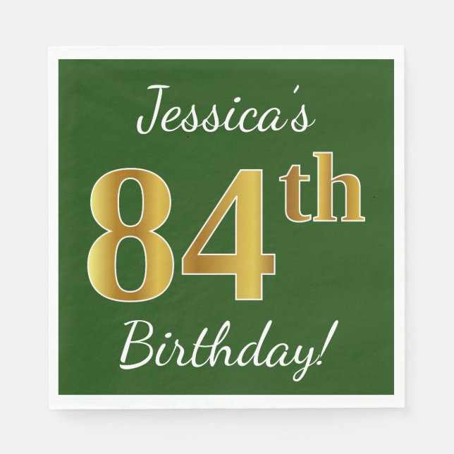 Serviette En Papier Vert, Faux Gold 84e anniversaire + Nom personnalis (Devant)