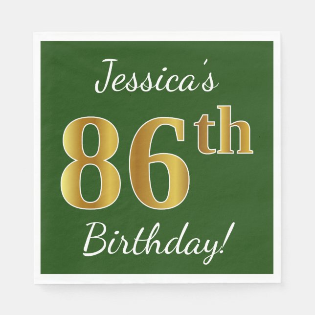 Serviette En Papier Vert, Faux Gold 86e anniversaire + Nom personnalis (Devant)