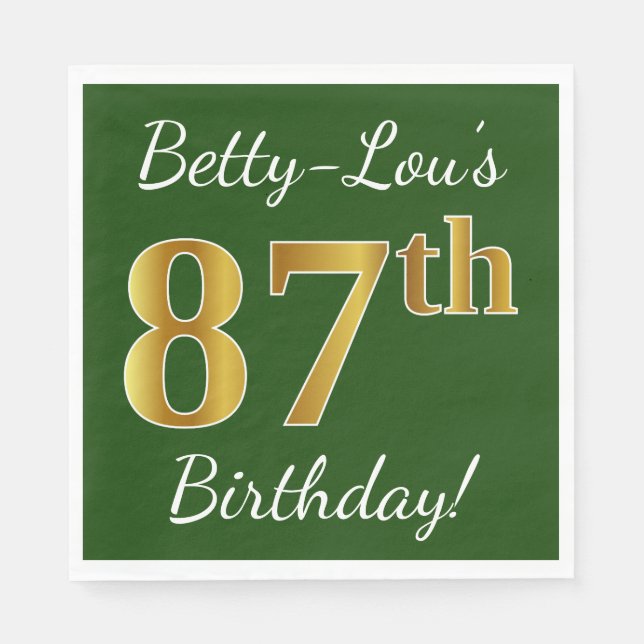 Serviette En Papier Vert, Faux Gold 87e anniversaire + Nom personnalis (Devant)