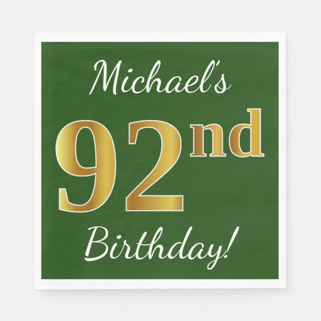 Serviette En Papier Vert, Faux Gold 92e anniversaire + Nom personnalis (Devant)