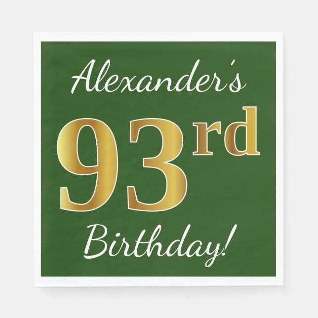 Serviette En Papier Vert, Faux Gold 93ème anniversaire + Nom personnal (Devant)