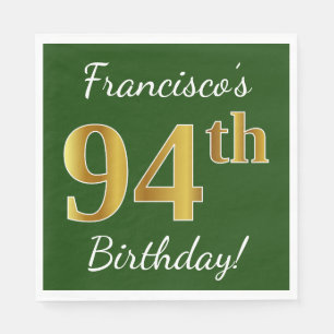 Serviette En Papier Vert, Faux Gold 94e anniversaire + Nom personnalis