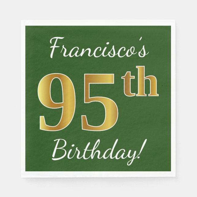 Serviette En Papier Vert, Faux Gold 95e anniversaire + Nom personnalis (Devant)