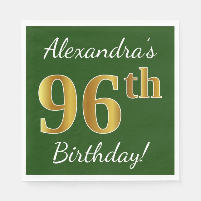 Serviette En Papier Vert, Faux Gold 96e anniversaire + Nom personnalis (Devant)