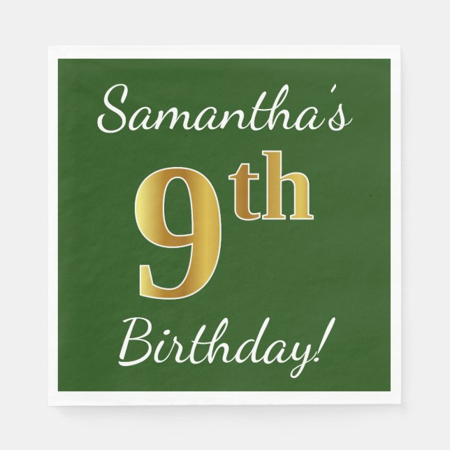 Serviette En Papier Vert, Faux Gold 9e anniversaire + Nom personnalisé (Devant)