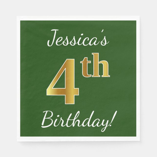 Serviette En Papier Vert, Faux Or 4ème anniversaire + Nom personnalisé (Devant)