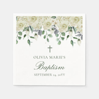 Serviette En Papier Vert Floral Blanc Simple Baptême Moderne