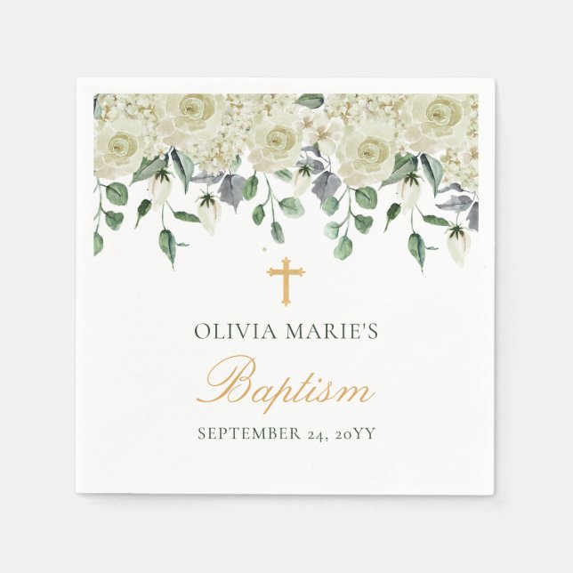 Serviette En Papier Vert Floral Blanc Simple Baptême Moderne (Devant)