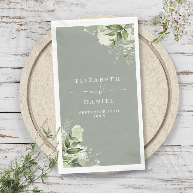 Serviette En Papier Vert Floral Élégant Sage Vert Mariage (Greenery Floral Elegant Sage Green Wedding Paper Guest Towels)
