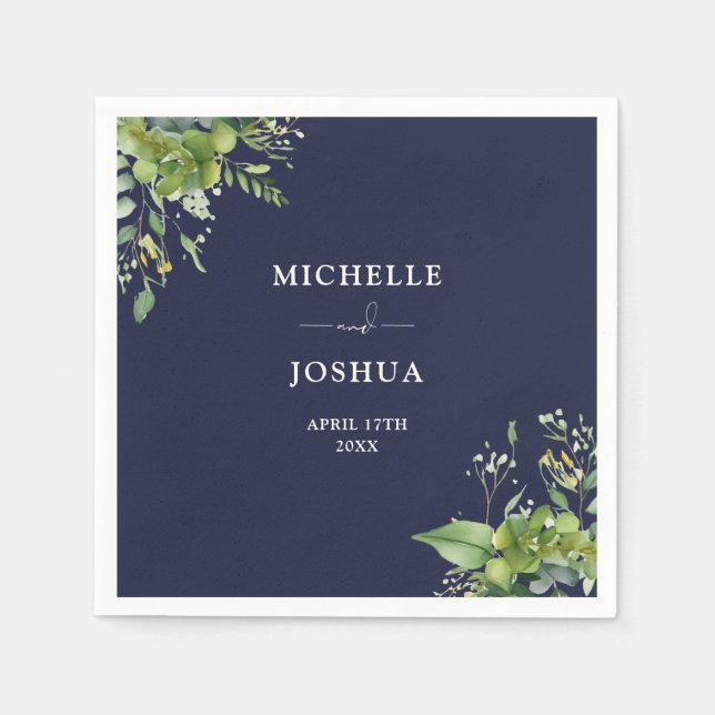 Serviette En Papier Vert Floral Moderne Marine Mariage bleu (Devant)