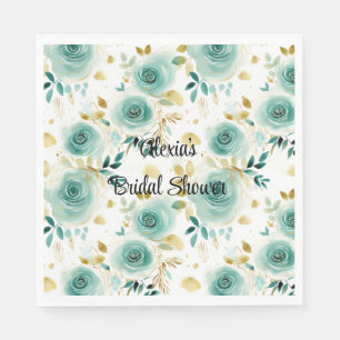Serviette En Papier Vert Menthe Blanc Or Rose Floral Fête de Mariage