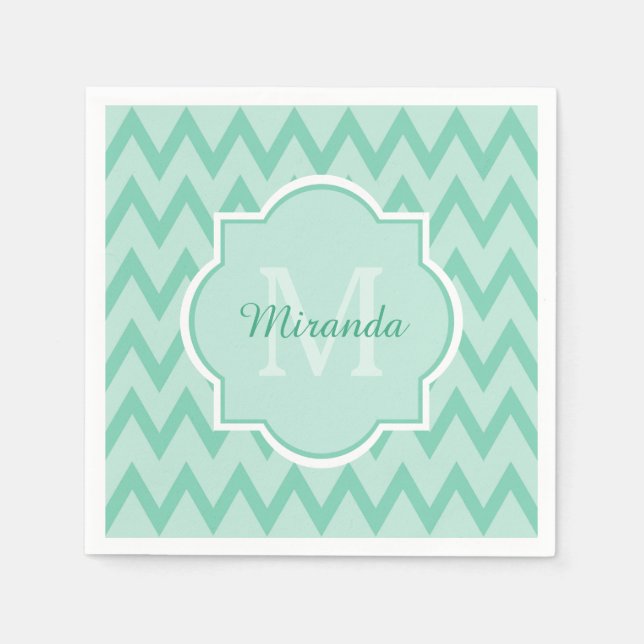 Serviette En Papier Vert Menthe Tendance Chevron Zigzag Nom et Monogra (Devant)