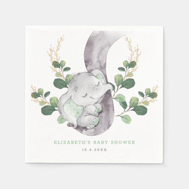Serviette En Papier Vert moderne Baby Elephant Green Gold Garden (Devant)