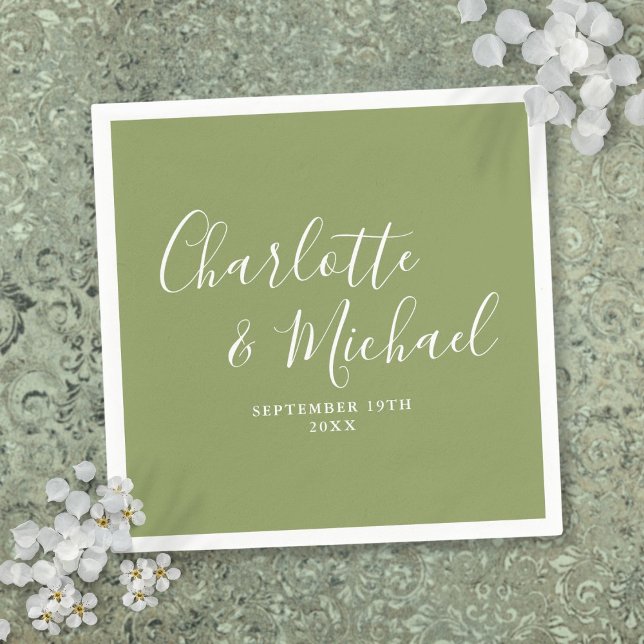 Serviette En Papier Vert mousse Élégant Moderne Écriture Mariage (Moss Green Elegant Modern Script Wedding Napkins)
