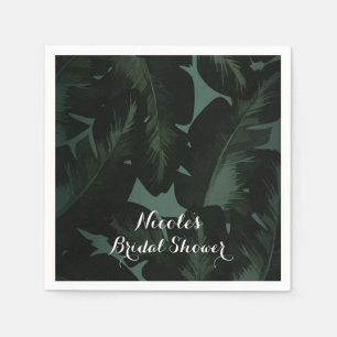 Serviette En Papier Vert & Noir Chic Feuilles Tropicales Mariage