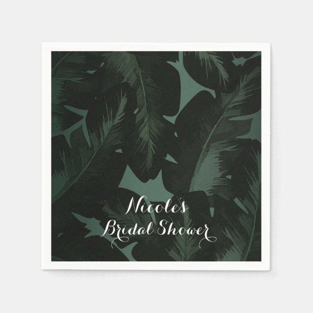 Serviette En Papier Vert & Noir Chic Feuilles Tropicales Mariage (Devant)