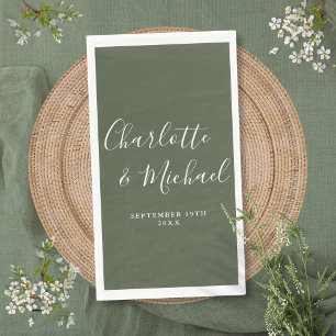 Serviette En Papier Vert olive Élégant Mariage Script Signature