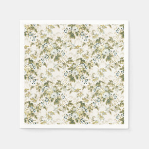 Serviette En Papier Vert olive et chintz bleu sur fond blanc