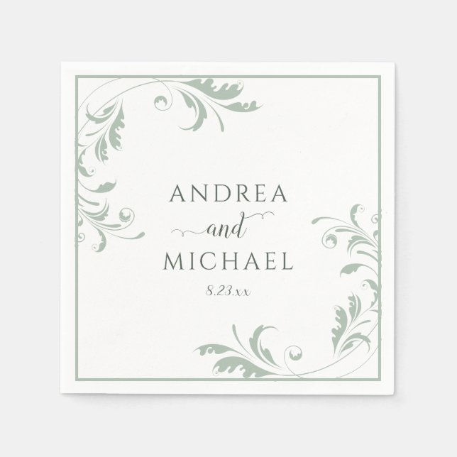 Serviette En Papier Vert Sage clair Mariage Élégant Luxe Flourdissant  (Devant)