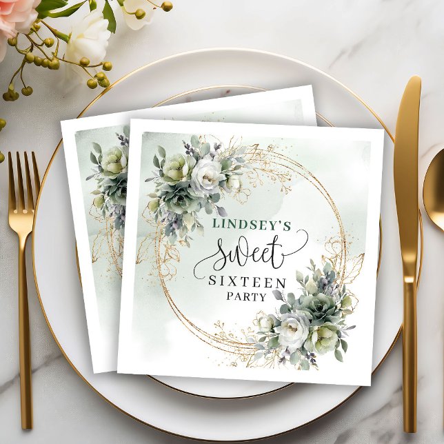 Serviette En Papier Vert sauge Boho Sweet Seize Ans Feuillage Doré Ser (Sage Green Boho Sweet Sixteen Greenery Gold Napkins)