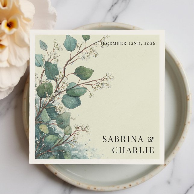 Serviette En Papier Vert sauge Eucalyptus Élégant Mariage Feuillage  (Créateur téléchargé)