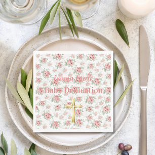 Serviette En Papier Vert sauge & floral personnalisé avec croix dorée