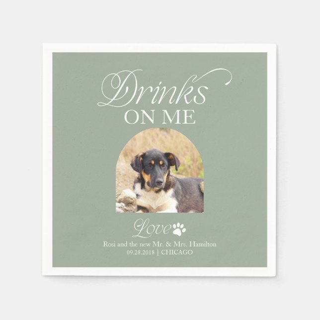 Serviette En Papier Vert Sauge Minimaliste Photo de Chien Mariage (Devant)