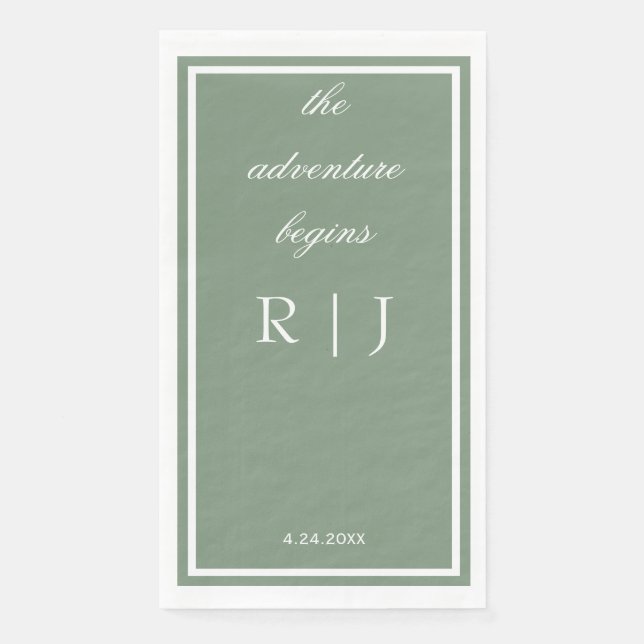Serviette En Papier Vert Sauge Monogramme Citation Texte De Mariage (Devant)