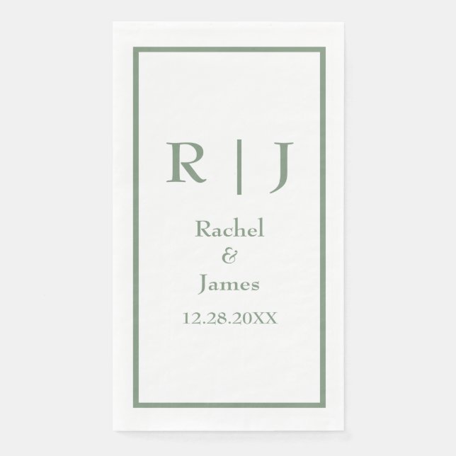 Serviette En Papier Vert sauge monogramme nom élégant mariage minimali (Devant)