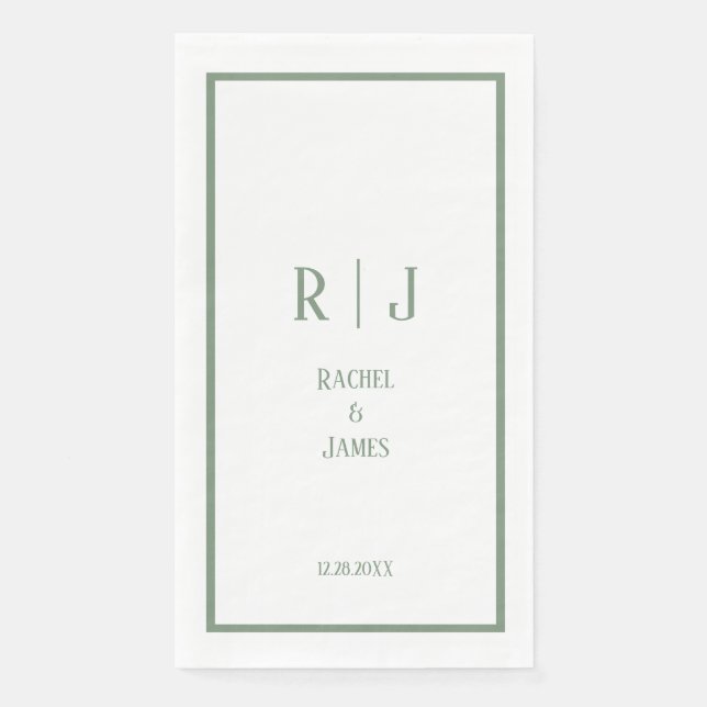 Serviette En Papier Vert sauge monogramme nom mariage minimal élégant (Devant)