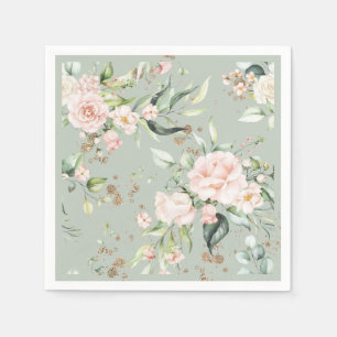 Serviette En Papier Vert sauge or aquarelle florale botanique fête